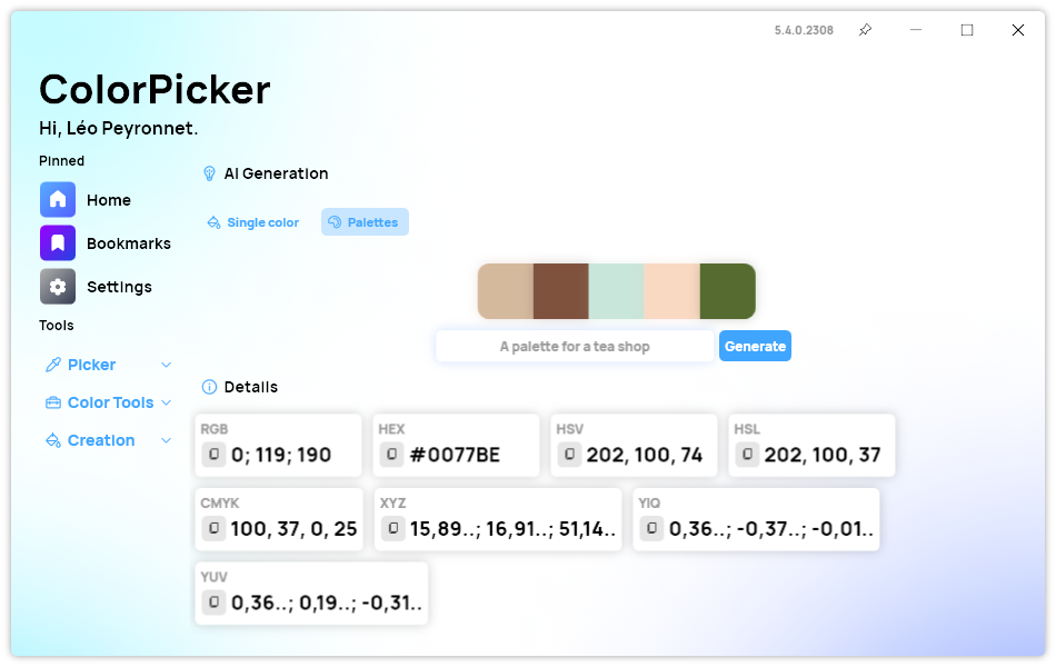 You can generate color palettes with the new AI page of ColorPicker Max