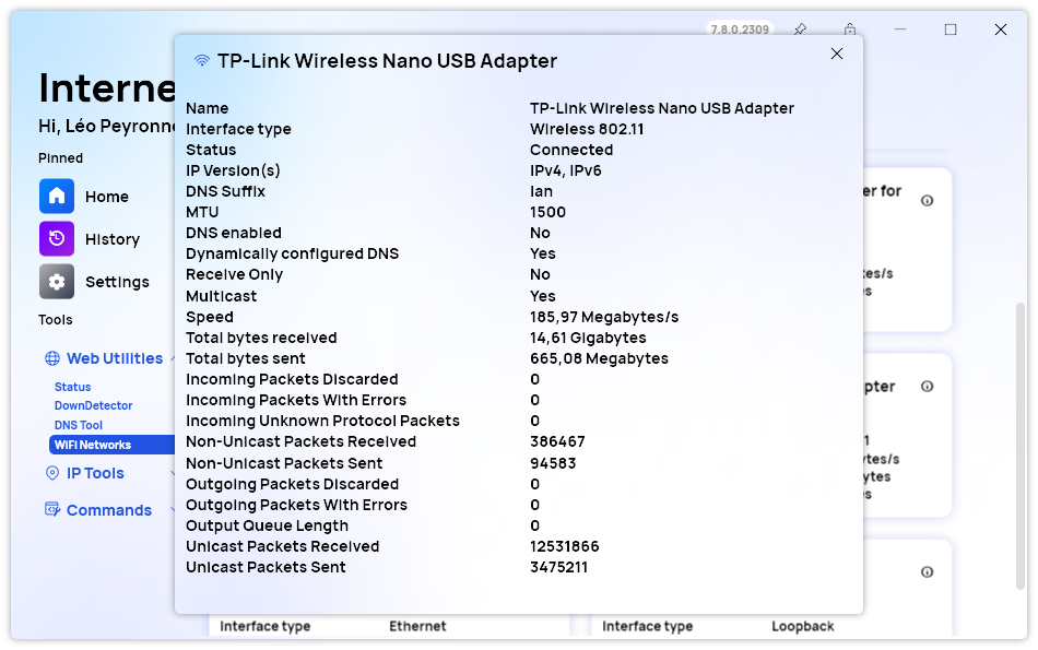 The detailed information of a network adapter displayed in the “Details” window