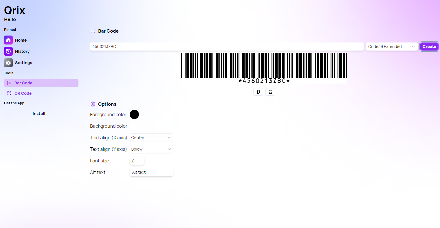The bar code page with the Code39 Extended bar code type selected