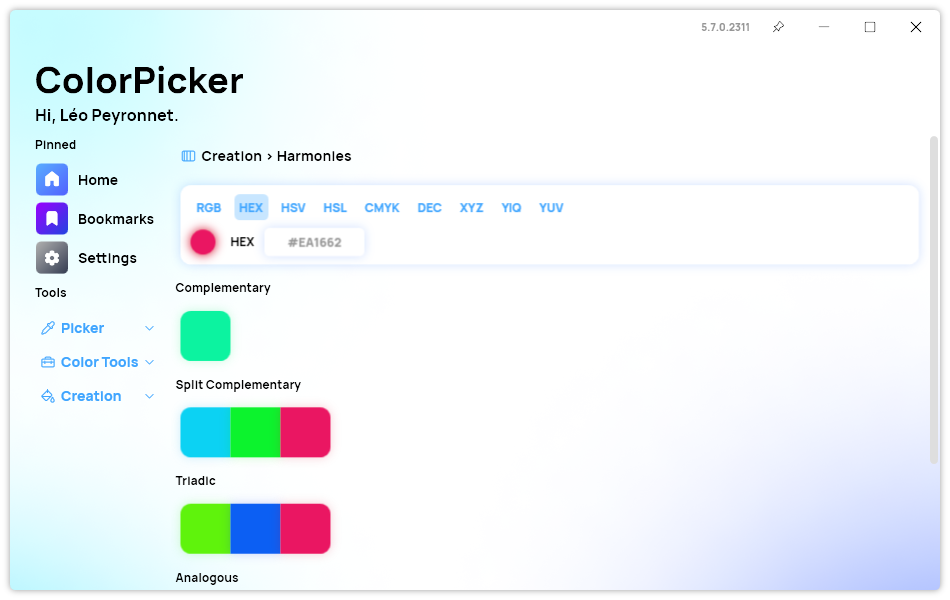 The new Harmonies page of ColorPicker Max