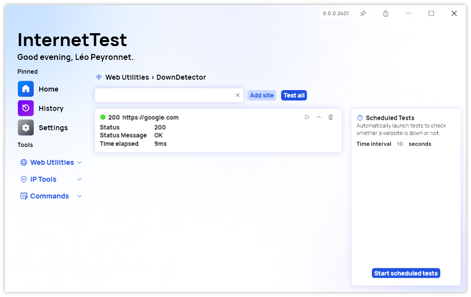 The redesigned DownDetector page of InternetTest Pro 8