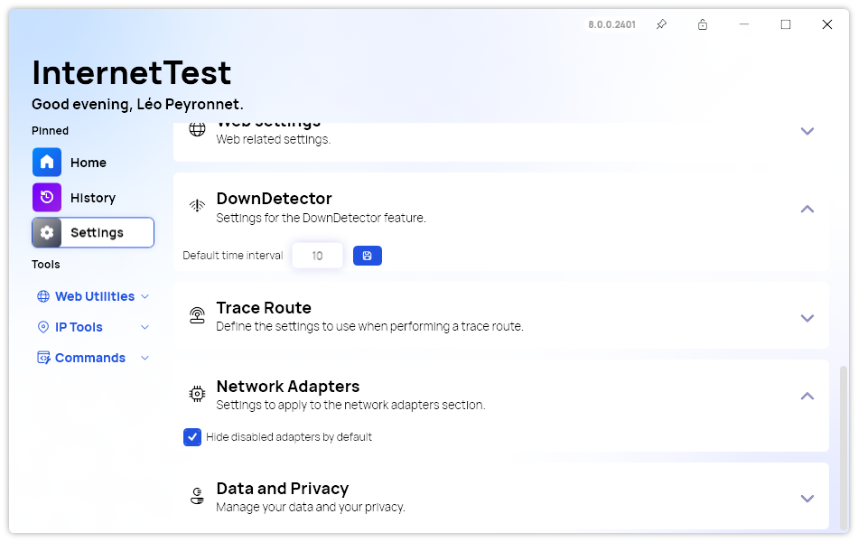 The settings page of InternetTest Pro 8, with new options expanded