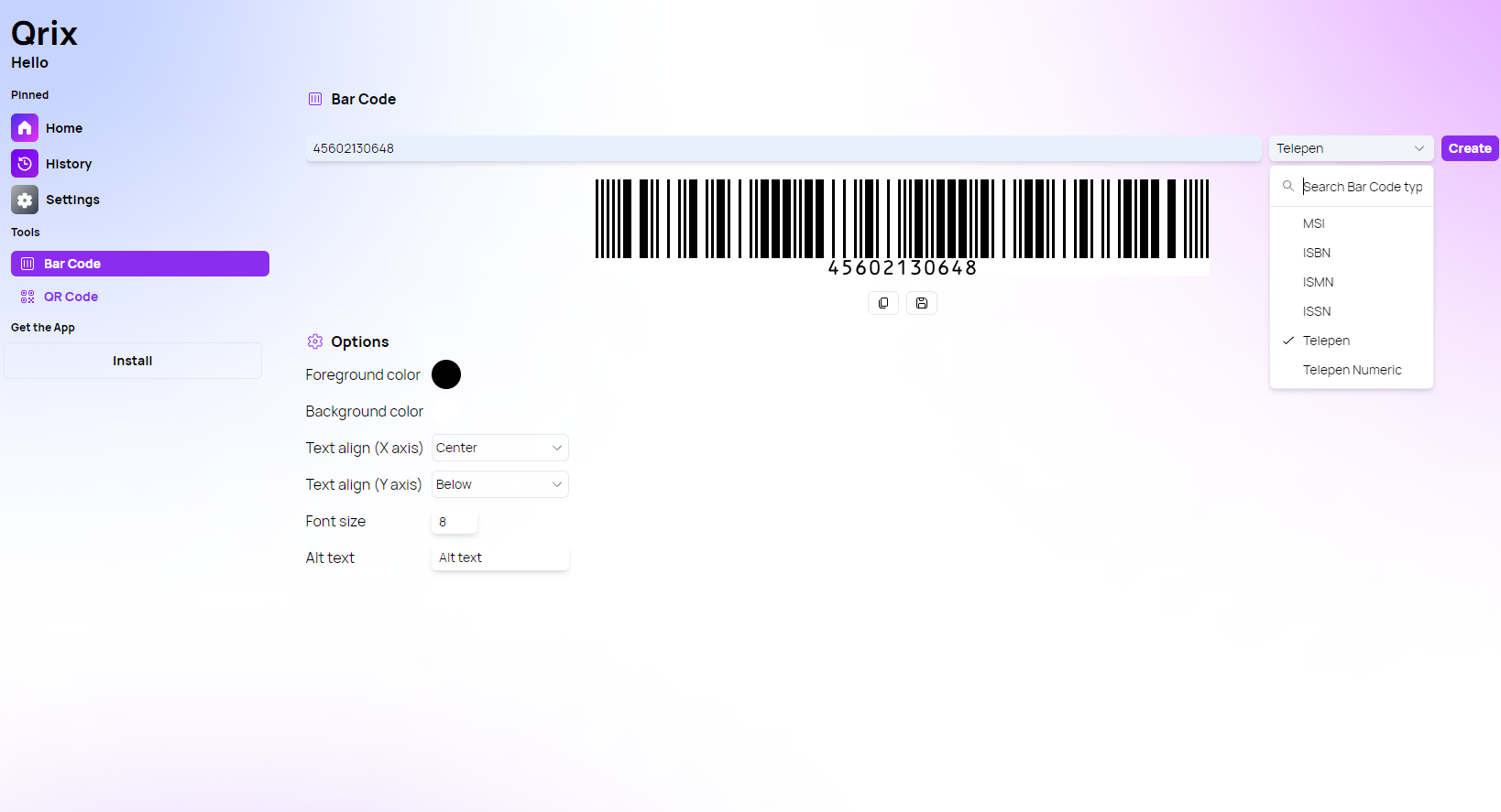 The new Telepen option in the Bar Code page