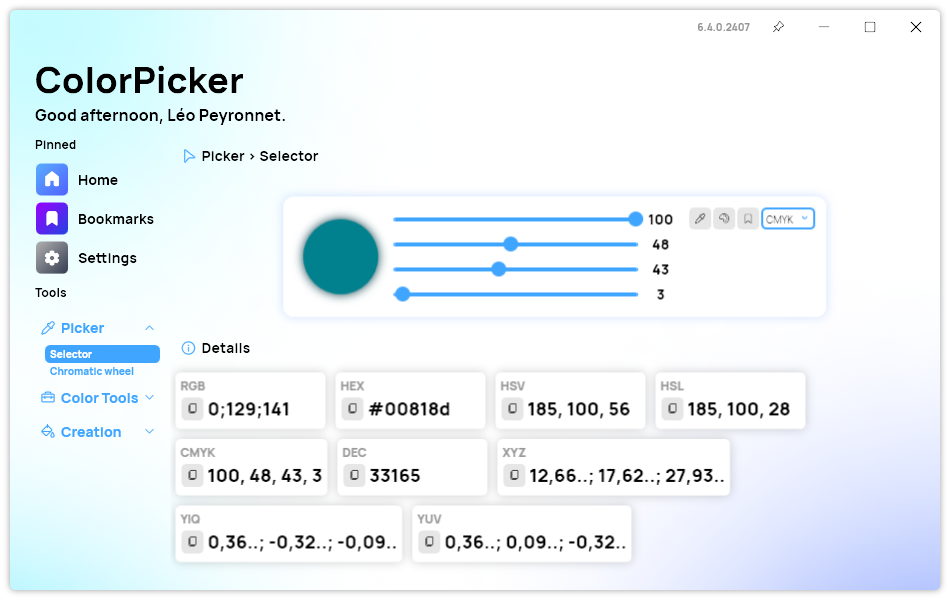 The new CMYK mode selected in the Selector page