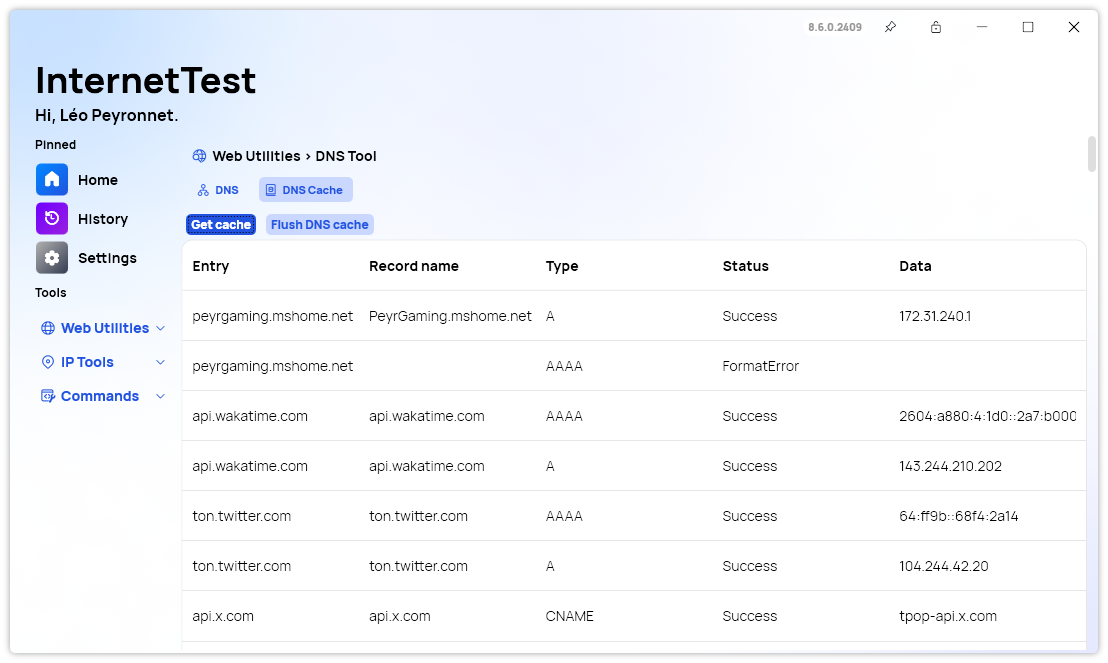 The new DNS Cache section in DNS Tool page