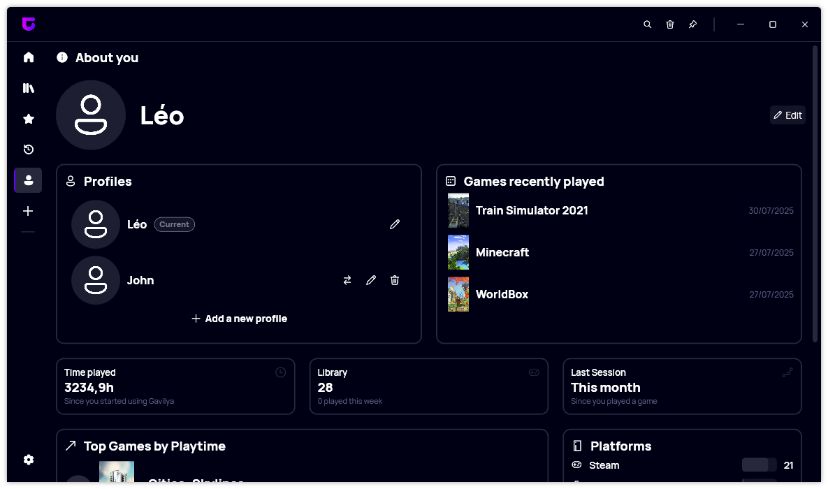 The new Profile page in Gavilya