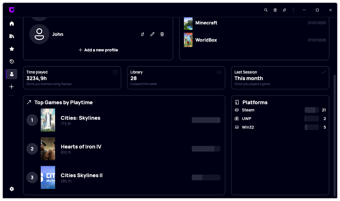 The new Profile page with Top Games and Platforms sections